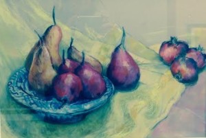 Still life by Karen Herman featuring pomegranates and pears in pastel 