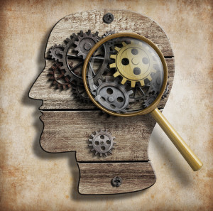 Brain gears and cogs. Mental illness, psychology, invention and